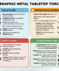 Instruction manual for Seraphic Metal Tabletop Torch showcasing fuel filling, preparation, safety, and care guidelines.