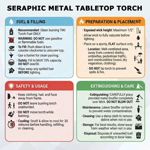 Instruction manual for Seraphic Metal Tabletop Torch showcasing fuel filling, preparation, safety, and care guidelines.