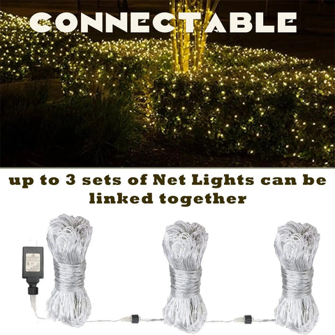 Outdoor Fairy Net Lights 270 LED Chandelier for Gazebo and Pergola, showing 3 connectable sets with garden installation