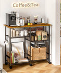Must-Have Rolling Kitchen Microwave Cart With 3 Tier Shelves, coffee setup, adjustable shelf, lockable wheels in living room.