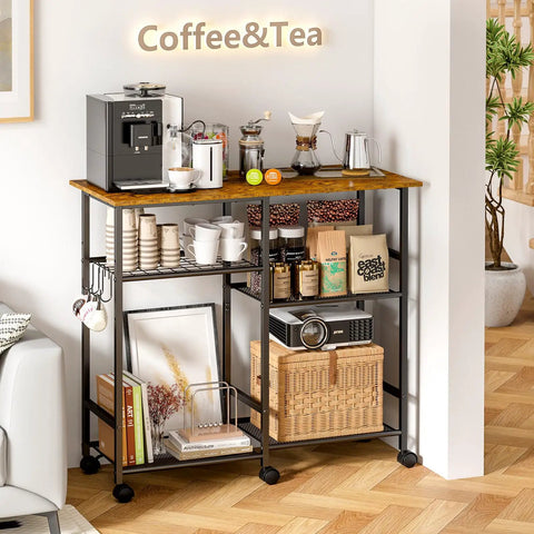 Must-Have Rolling Kitchen Microwave Cart With 3 Tier Shelves, coffee setup, adjustable shelf, lockable wheels in living room.