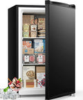 Compact 3.0 Cubic Foot Upright Mini Freezer In Black Delivers Sweet Cold Storage with various frozen foods and ice cream.