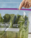 Jumbo 2.5 Gallon Storage Bags With Secure Zip And Click Closure Writable Label holding green lettuce leaves.