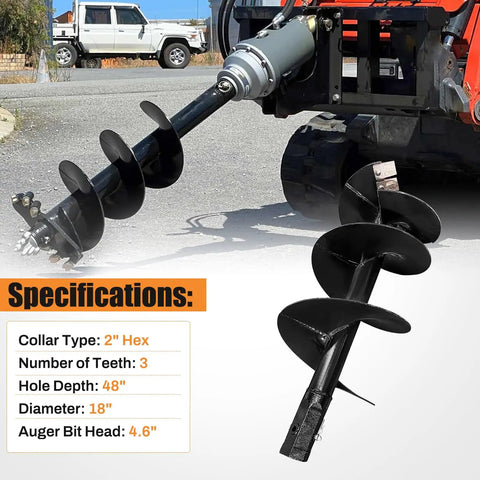 Beefy 18 Inch By 48 Inch Heavy Duty Auger Bit For Skid Steer Post Hole Digger And Mini Excavator with 2 Inch Hex Adapter