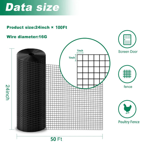 16 Gauge Black Vinyl Coated Welded Wire Mesh Roll 24 Inch By 50 Foot 1x1 Inch Square Hardware Cloth product specifications