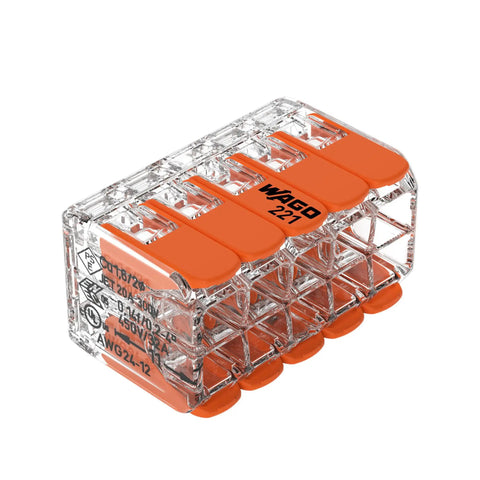 Lever Nuts Splicing Connector Kit, 10-Channel With Operating Levers, For Solid And Stranded Conductors 24-12 AWG, Transparent Housing, No-Fuss Quick Connect, Reusable, Box Of 15 Pieces, angled view