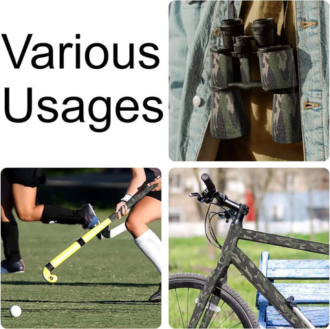 Camouflage Grip Tape 4 Roll Pack Self Adhesive Protective Fabric Tape for outdoor gear, sports equipment like bikes and field hockey.