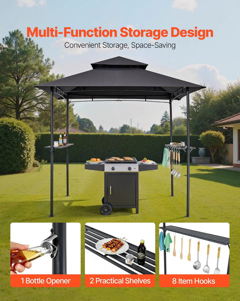 Grill Gazebo 8x5 Ft Outdoor BBQ Shelter with double tier roof and powder-coated steel frame, includes 2 side shelves and 8 hooks.