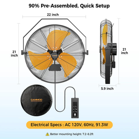 Diagram of 18 Inch Outdoor Wall Mount Fan With 600D Oxford Cover Dustproof Weatherproof IPX4 Waterproof For Patios And Garages