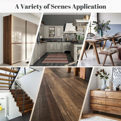 Interior scenes showing use of All In One Wood Filler Sticks Kit With 20 Color Options For Easy Diy Furniture Repair of scratches and cracks.