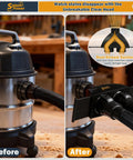 Before and after installation of SplashPower 2.5 Inch Shop Vac Y Connector Splitter Dual Hose Adapter for efficient cleanup.