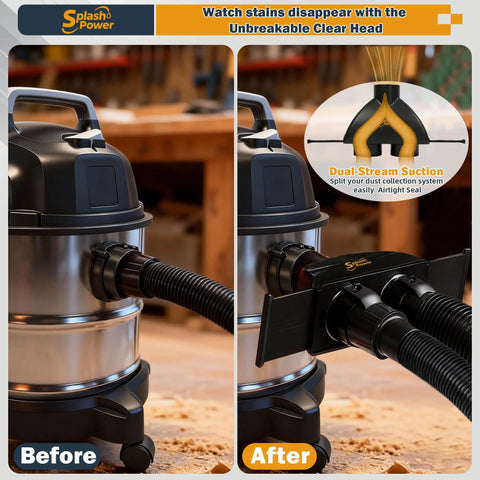 Before and after installation of SplashPower 2.5 Inch Shop Vac Y Connector Splitter Dual Hose Adapter for efficient cleanup.