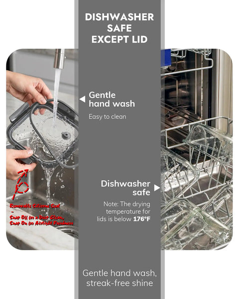 Image showing hand washing gray tempered lids and borosilicate glass containers in dishwasher, part of 10-Pack Glass Food Storage Containers With Tempered Lids For Meal Prep And Leftovers, Borosilicate Glass, Airtight, Oven Safe From -4°F To 950°F, BPA Free, Leak-Proof, Dishwasher Safe, 4.4 Cup And 1.6 Cup Sizes, Gray.
