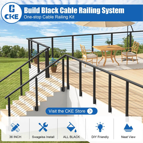 Heavy Duty 10 Foot Stainless Steel Cable Railing Handrail Built Tough For Your Deck Or Stair Project on a patio with a wooden floor.