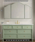 Slick Modern Bathroom Vanity With Floating Sink Cabinet Anti Fog Mirror Seamless Stone Basin On Solid Wood in green, 60 inches, with gold fixtures.
