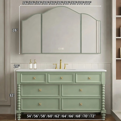 Slick Modern Bathroom Vanity With Floating Sink Cabinet Anti Fog Mirror Seamless Stone Basin On Solid Wood in green, 60 inches, with gold fixtures.