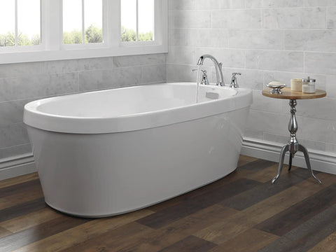 Woodhurst Roman Tub Faucet Chrome Deck Mount Two Handle Bath Faucet For 3 Hole Install Sleek Built To Last Chrome Finish Trim Kit Valve Sold Separately shown on modern tub