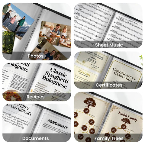 30 Pocket Portfolio Binder With 60 Pages And 8.5x11 Size displaying photos, sheet music, certificates, recipes, documents, and family trees