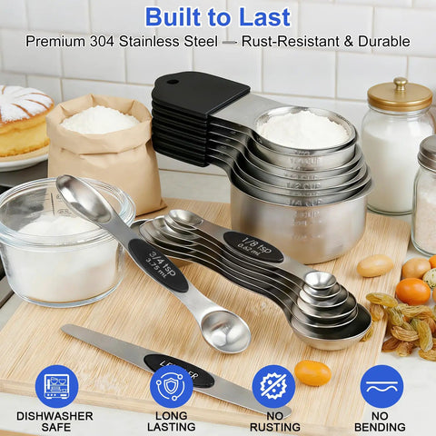 Magnetic Measuring Cups And Spoons Set For Kitchen Use With Nesting Design And Readable Measurements, stainless steel design