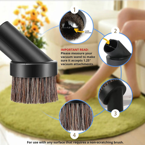 Dusting Brush With Soft Horsehair Bristles For Vacuum Cleaner 1.25 Inch Round Attachment Replacement showing details and uses