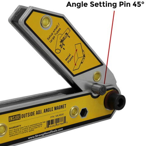 Front view of MLA600 Strong Hand Tools adjustable angle magnetic welding square with inside/outside magnets and yellow label