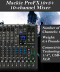 Mackie ProFX10v3 10-channel mixer with 1/4'', USB-C, and XLR connectivity, front view in a live gig setting.