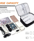 Waterproof Double Layer Electronics Organizer Bag with cables, chargers, power banks, and more, open view showing compartments.