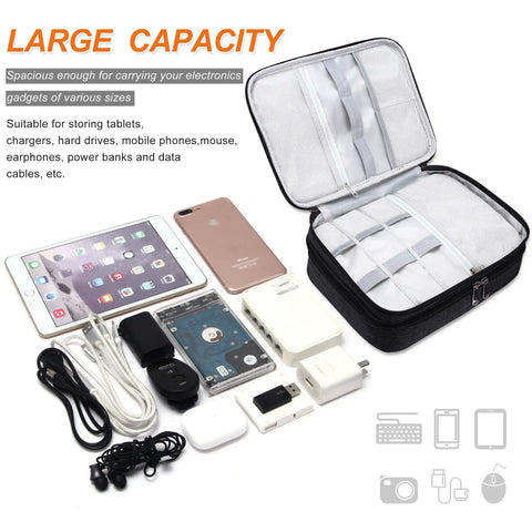 Waterproof Double Layer Electronics Organizer Bag with cables, chargers, power banks, and more, open view showing compartments.