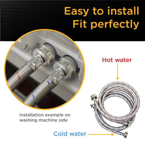 Ultra Wide 4 Ft Washing Machine Hose Set With Straight Connectors Three Quarter Inch NPT Fittings Stainless Steel PVC.
