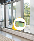 Patio Door Roller Assembly With Stamped Steel Housing And Dichromate Finish One And One Quarter Inch Steel Wheel Three Quarter Inch Width One And Three Sixteenths Inch Height Sliding Door Roller For Patio Track displayed next to a sliding glass patio door