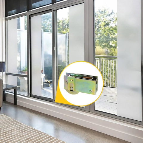 Patio Door Roller Assembly With Stamped Steel Housing And Dichromate Finish One And One Quarter Inch Steel Wheel Three Quarter Inch Width One And Three Sixteenths Inch Height Sliding Door Roller For Patio Track displayed next to a sliding glass patio door