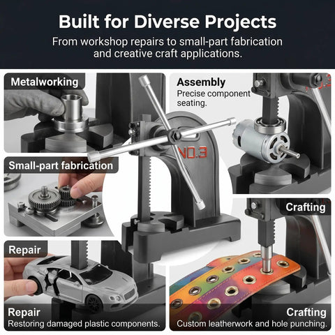Built Like A Tank 3 Ton Manual Arbor Press With Smooth Pressure Adjustment And 12 Inch Clearance For Benchtop Garage Shop Metal Fabrication Rock Solid Precision Hand Tool, showcasing metalworking and assembly tasks.