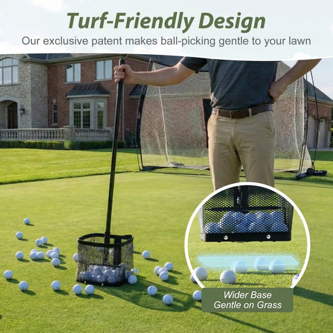 No Bend Golf Ball Picker Upper With Turf Friendly Design For Backyard Practice And Training Quick Ball Retrieval Large Capacity Holder Easy On The Lawn Classic Black in use on grass lawn with balls