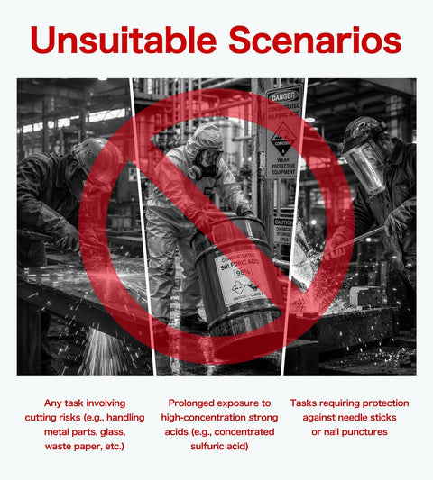 Image showing unsuitable scenarios for Grind Ready Reusable Nitrile Chemical Work Gloves With Soft Nylon Lining And Black Sandy Non Slip Grip.