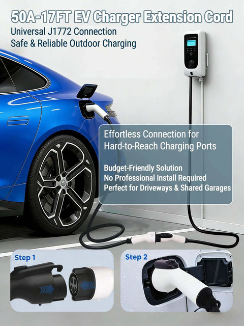 Heavy Duty 17 Ft Ev Charger Extension Cable 50A Sae J1772 Plug And Play 240V Level 2 Fast Charging connected to an EV.