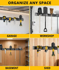 Heavy Duty Garage Tool Organizer Wall Mount 48 Inch Storage Rack With 6 Adjustable Double Hooks installed in garage, workshop, basement, and shed, organizing various tools.