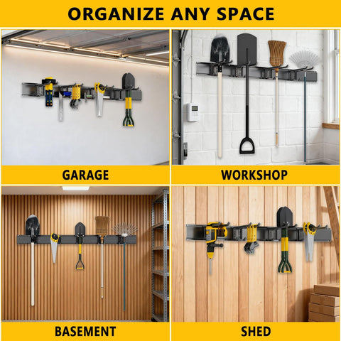Heavy Duty Garage Tool Organizer Wall Mount 48 Inch Storage Rack With 6 Adjustable Double Hooks installed in garage, workshop, basement, and shed, organizing various tools.