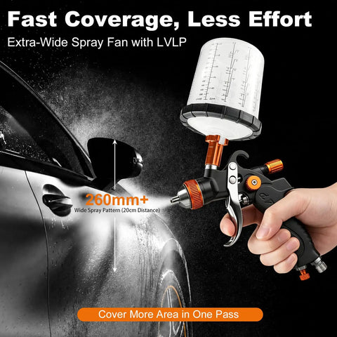 Top Shelf Hvp Spray Gun Kit Featuring Heavy Duty Aluminum And Disposable Cups With Multiple Precision Nozzles For Smoother Auto Paint Finishes That Truly Hit Different, showing spray fan in use on vehicle.