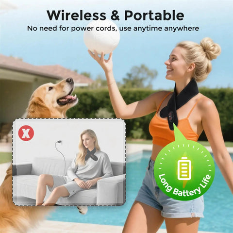 Woman enjoying Portable Heated Neck Massager Wrap with 3 Heat Levels and 3 Vibration Modes outdoors with dog, highlighting wireless use