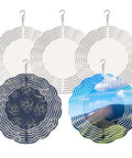 Five Pack Eight Inch Round Sublimation Wind Spinner Blanks In Stainless Steel with decorative designs and scenic prints.