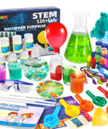 Over 220 Lab Experiments Science Kit for Kids STEM Learning Toys Educational Science Tools Gift Set for Boys and Girls Ages 3 Through 12 Explore Volcanoes, Rainbow Reactions, and Cool Chemistry Projects - box and lab equipment display