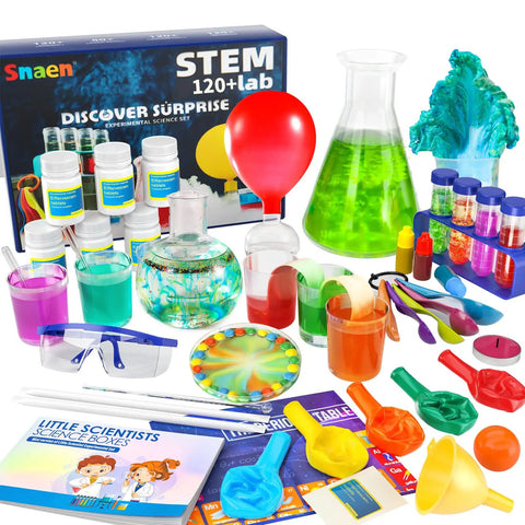Over 220 Lab Experiments Science Kit for Kids STEM Learning Toys Educational Science Tools Gift Set for Boys and Girls Ages 3 Through 12 Explore Volcanoes, Rainbow Reactions, and Cool Chemistry Projects - box and lab equipment display