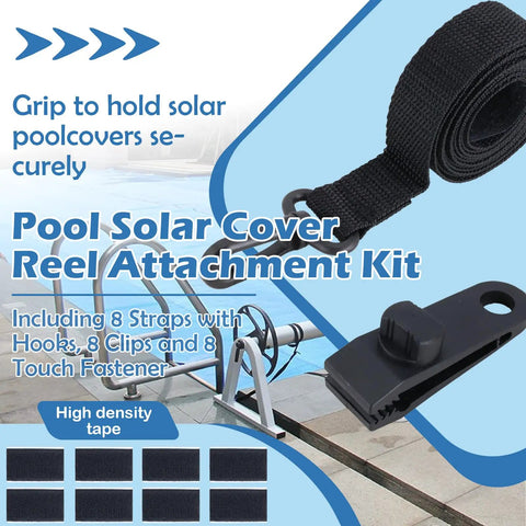 Heavy Duty Pool Solar Cover Reel Clips And Straps Kit Featuring Micro Serrated Teeth For Dead Simple Setup And Rock Solid Grip On Large Underground Swimming Pools 24 Piece Set showing straps and clips for solar cover.
