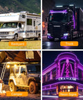 Collage featuring backyard with RV, illuminated truck, camper with tent, and building with neon signs.