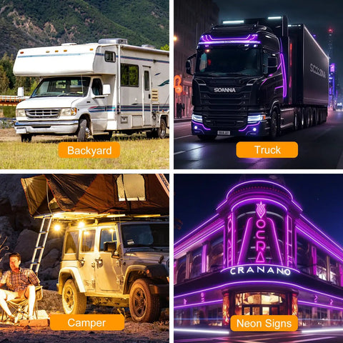 Collage featuring backyard with RV, illuminated truck, camper with tent, and building with neon signs.
