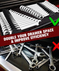 Magnetic Wrench Organizer Set For Toolbox And Drawer Storage 42 Piece Wrench Holder with arranged wrenches and messy drawer comparison