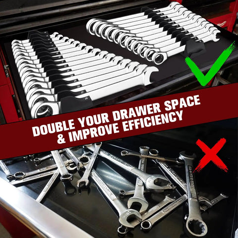 Magnetic Wrench Organizer Set For Toolbox And Drawer Storage 42 Piece Wrench Holder with arranged wrenches and messy drawer comparison
