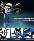 Beefy Hydraulic Motorcycle Scissor Jack Lift With Foot Step Lever And Four Wheels, Height Adjustable From 13.4 To 36.2 Inches, Heavy Duty Lift Table For Dirt Bikes Snowmobiles And Motorcycles, Blue lifting a sport bike
