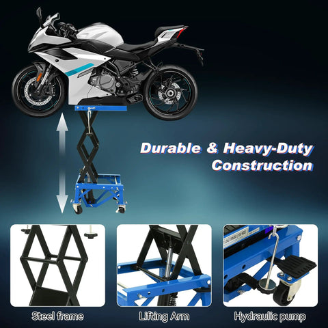 Beefy Hydraulic Motorcycle Scissor Jack Lift With Foot Step Lever And Four Wheels, Height Adjustable From 13.4 To 36.2 Inches, Heavy Duty Lift Table For Dirt Bikes Snowmobiles And Motorcycles, Blue lifting a sport bike