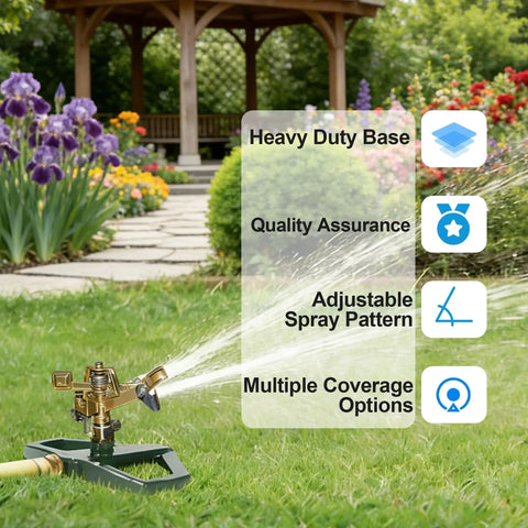 Impact Pulsating Lawn Sprinkler With Metal Base in garden showing adjustable 360 degree rotation and heavy-duty zinc alloy build